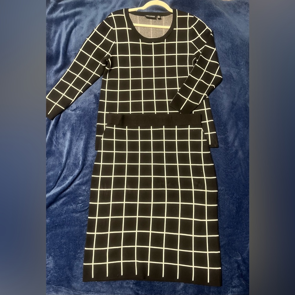 Black and White Grid Pattern Sweater and Skirt Set
